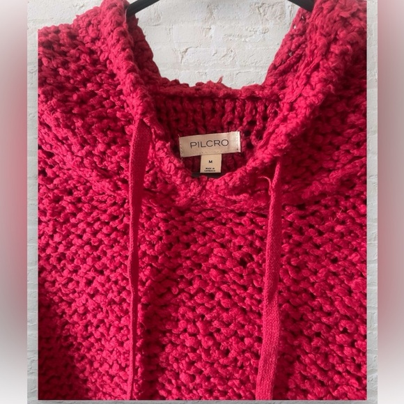 Pilcro Anthropologie Sailcloth Hooded Sweater Raspberry Red Sz Small Loose Knit - Picture 5 of 10